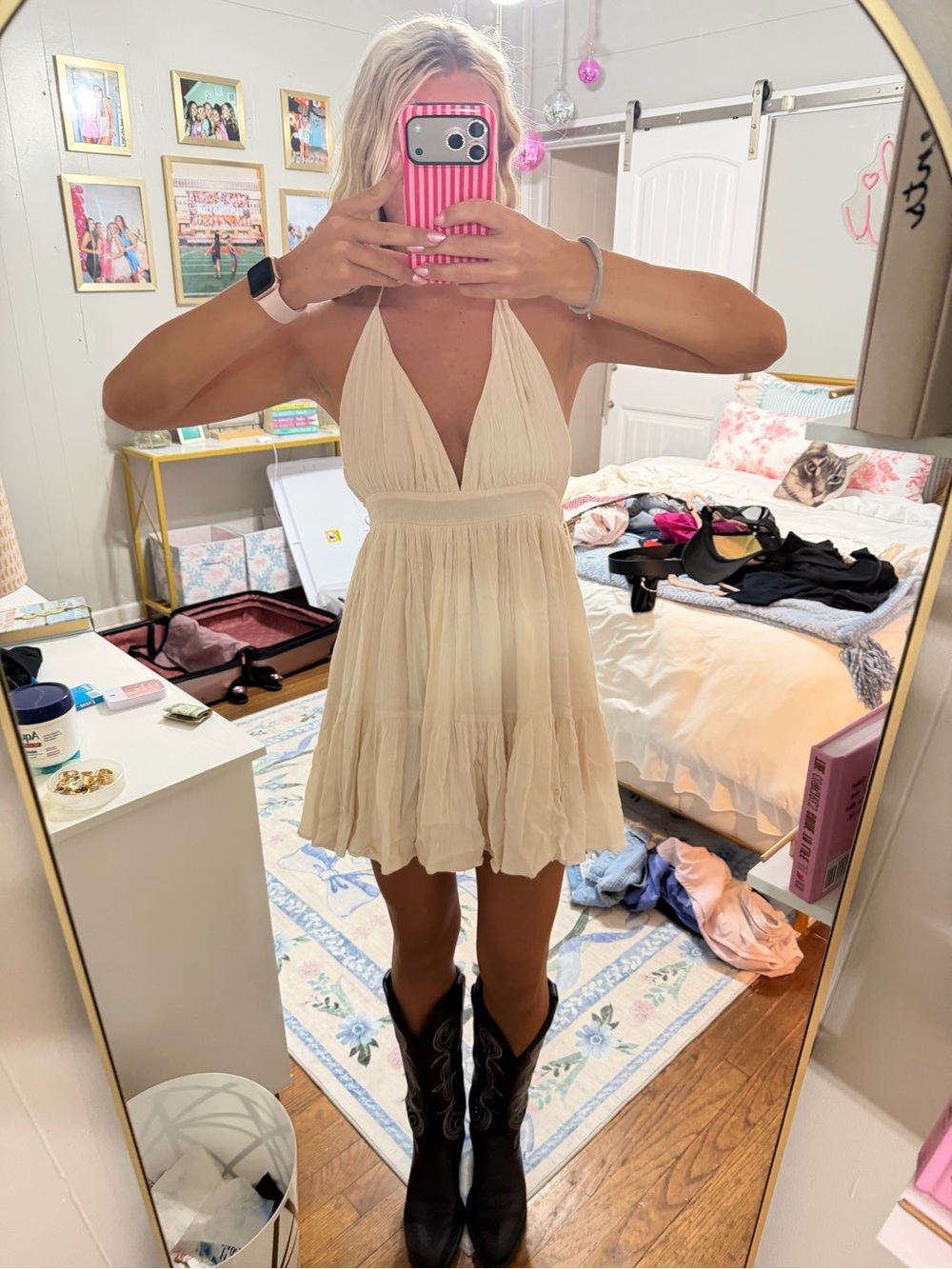 Women's Cream Halter Mini Dress - Elegant Summer Style